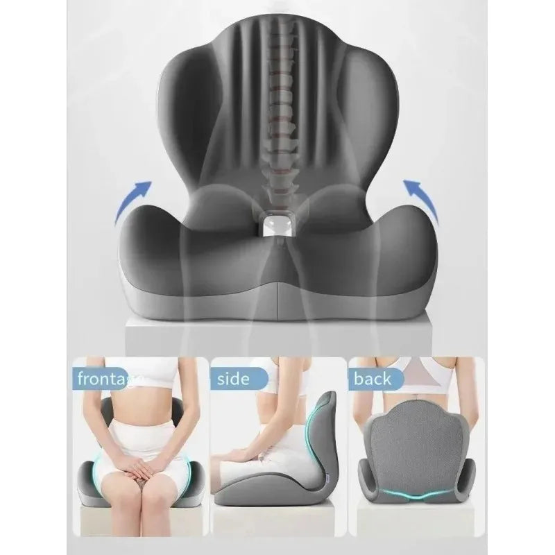 Contoured backrest and tailbone cutout shown from front, side and back